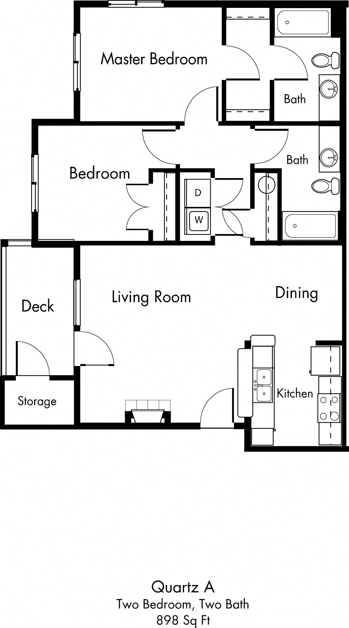 Floor plan for 2 beds, 2 baths, 898 sqft